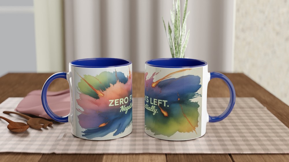 Zero Fucks Left Mug | Funny Rude Office Coffee Cup | Leaving Gift for Colleague or Best Friend | Chaotic Neon Design — view 4