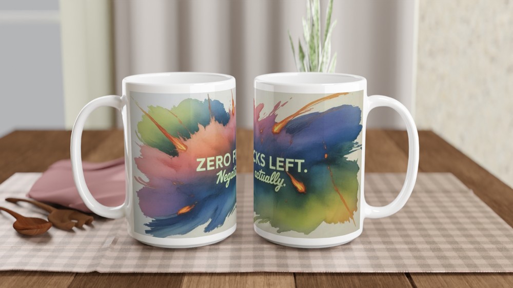 Zero Fucks Left Mug | Funny Rude Office Coffee Cup | Leaving Gift for Colleague or Best Friend | Chaotic Neon Design — view 2