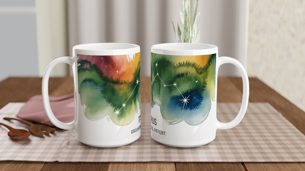 Taurus Zodiac Mug | Star Sign Birthday Gift | Constellation Astrology Present for Her or Him | Grounded Loyal Patient Watercolour Mug — view 2