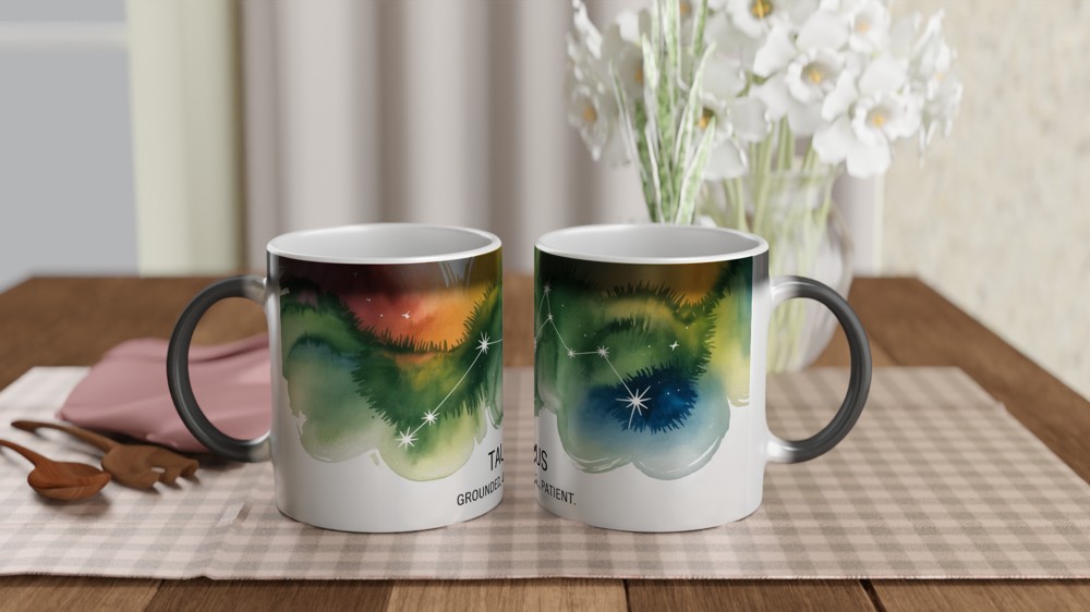 Taurus Zodiac Mug | Star Sign Birthday Gift | Constellation Astrology Present for Her or Him | Grounded Loyal Patient Watercolour Mug — view 3