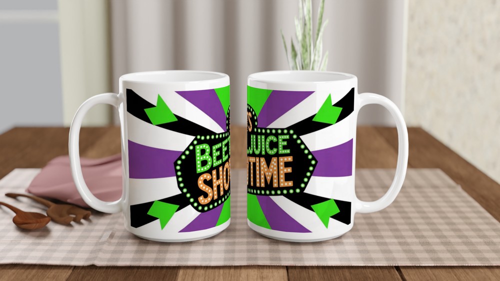 Its Showtime Mug | Beetlejuice Musical Theatre Gift | Neon Green and Purple Striped Coffee Cup | Birthday Gift for Best Friend — view 2