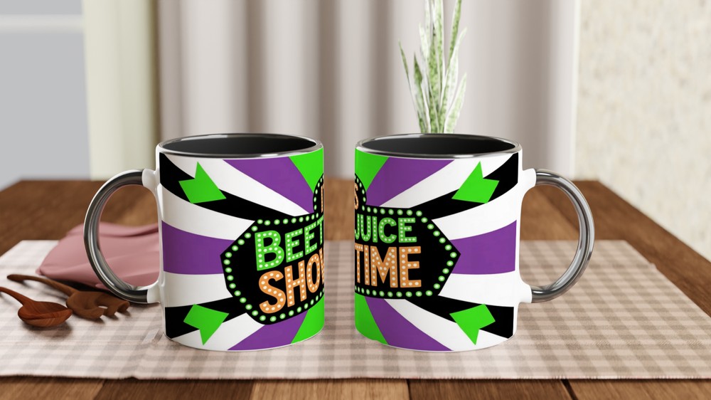 Its Showtime Mug | Beetlejuice Musical Theatre Gift | Neon Green and Purple Striped Coffee Cup | Birthday Gift for Best Friend — view 9