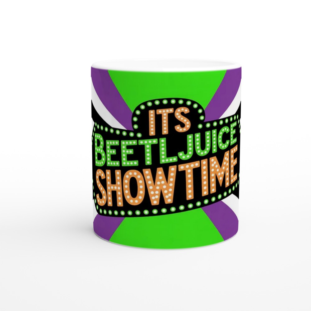 Its Showtime Mug | Beetlejuice Musical Theatre Gift | Neon Green and Purple Striped Coffee Cup | Birthday Gift for Best Friend — view 11