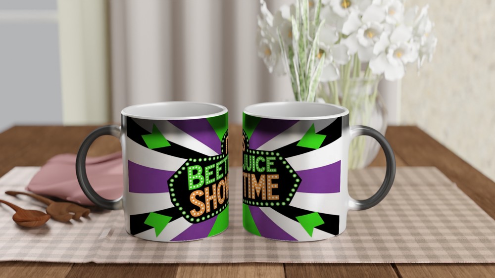 Its Showtime Mug | Beetlejuice Musical Theatre Gift | Neon Green and Purple Striped Coffee Cup | Birthday Gift for Best Friend — view 3