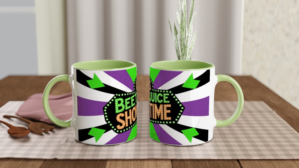 Its Showtime Mug | Beetlejuice Musical Theatre Gift | Neon Green and Purple Striped Coffee Cup | Birthday Gift for Best Friend — view 5