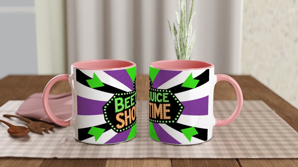 Its Showtime Mug | Beetlejuice Musical Theatre Gift | Neon Green and Purple Striped Coffee Cup | Birthday Gift for Best Friend — view 6