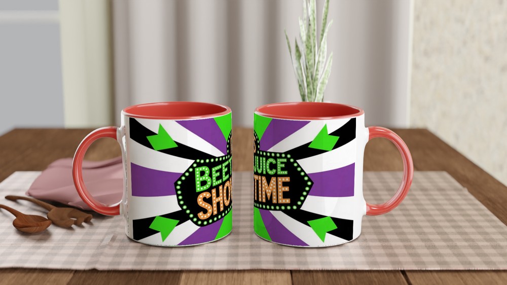 Its Showtime Mug | Beetlejuice Musical Theatre Gift | Neon Green and Purple Striped Coffee Cup | Birthday Gift for Best Friend — view 7