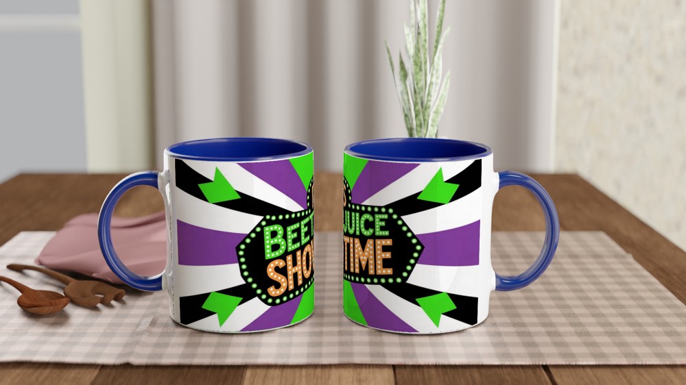 Its Showtime Mug | Beetlejuice Musical Theatre Gift | Neon Green and Purple Striped Coffee Cup | Birthday Gift for Best Friend — view 4