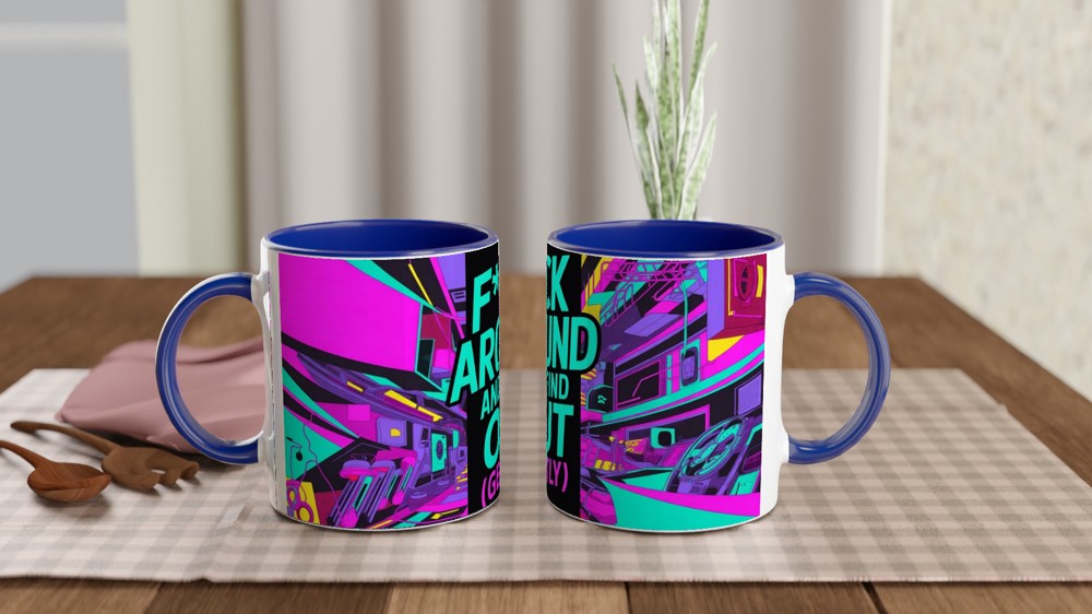 F Around and Find Out Mug | Cyberpunk Neon Quote Mug | Funny Rude Gift for Best Friend | Modern Birthday Present for Him or Her — view 4