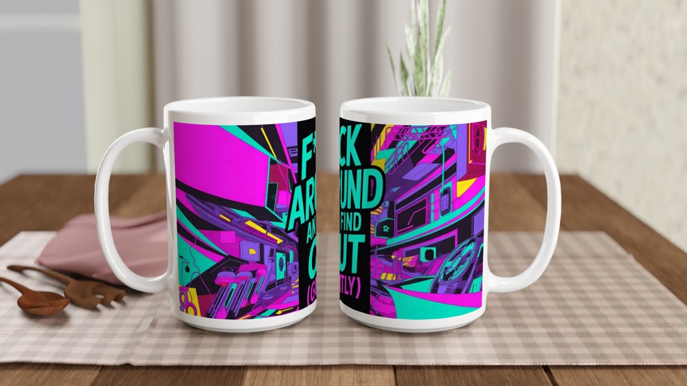 F Around and Find Out Mug | Cyberpunk Neon Quote Mug | Funny Rude Gift for Best Friend | Modern Birthday Present for Him or Her — view 2