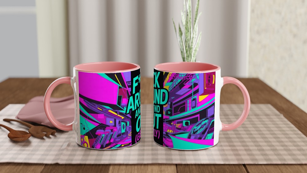F Around and Find Out Mug | Cyberpunk Neon Quote Mug | Funny Rude Gift for Best Friend | Modern Birthday Present for Him or Her — view 6