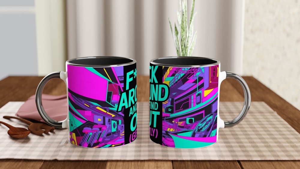 F Around and Find Out Mug | Cyberpunk Neon Quote Mug | Funny Rude Gift for Best Friend | Modern Birthday Present for Him or Her — view 9