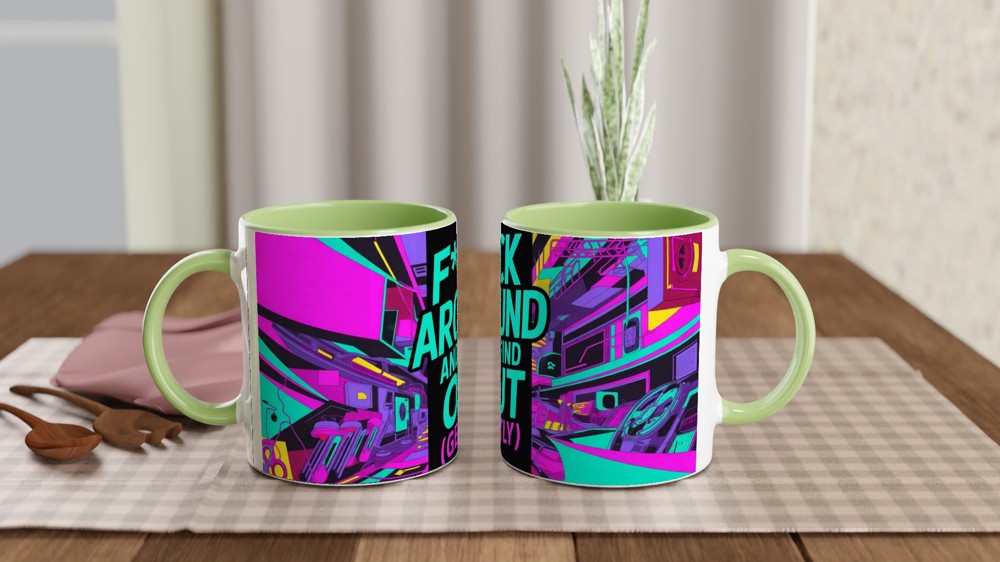 F Around and Find Out Mug | Cyberpunk Neon Quote Mug | Funny Rude Gift for Best Friend | Modern Birthday Present for Him or Her — view 5