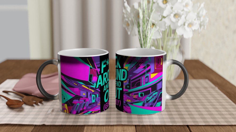 F Around and Find Out Mug | Cyberpunk Neon Quote Mug | Funny Rude Gift for Best Friend | Modern Birthday Present for Him or Her — view 3