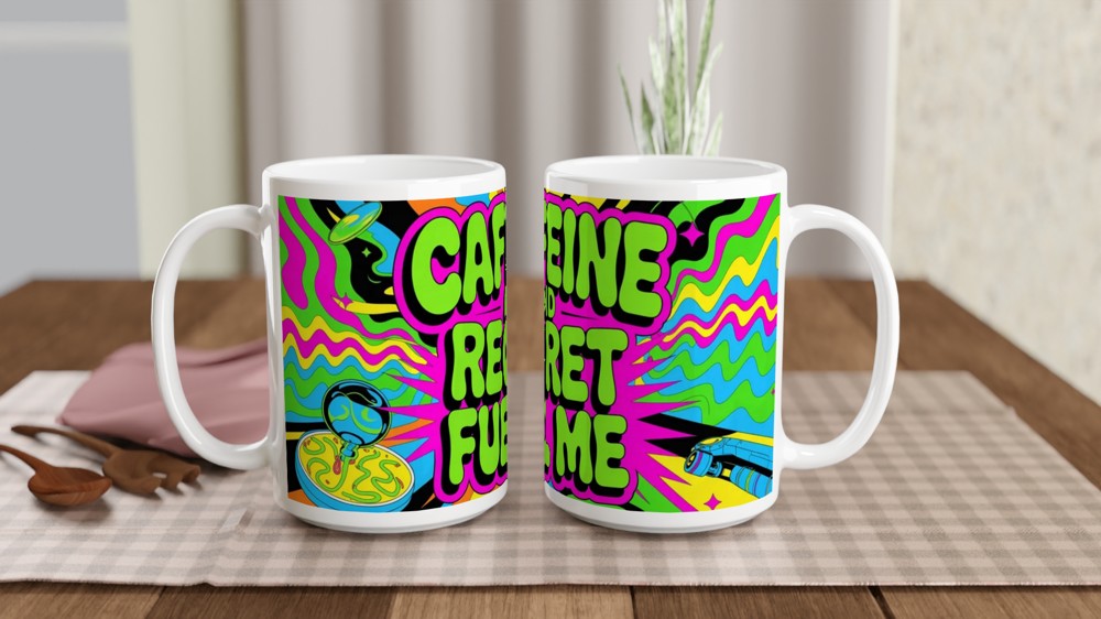 Caffeine And Regret Fuel Me Mug | Funny Sarcastic Coffee Mug | Psychedelic Neon Gift for Best Friend | Sarcasm Colleague Present — view 2