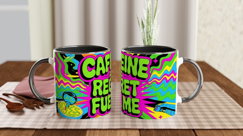 Caffeine And Regret Fuel Me Mug | Funny Sarcastic Coffee Mug | Psychedelic Neon Gift for Best Friend | Sarcasm Colleague Present — view 9