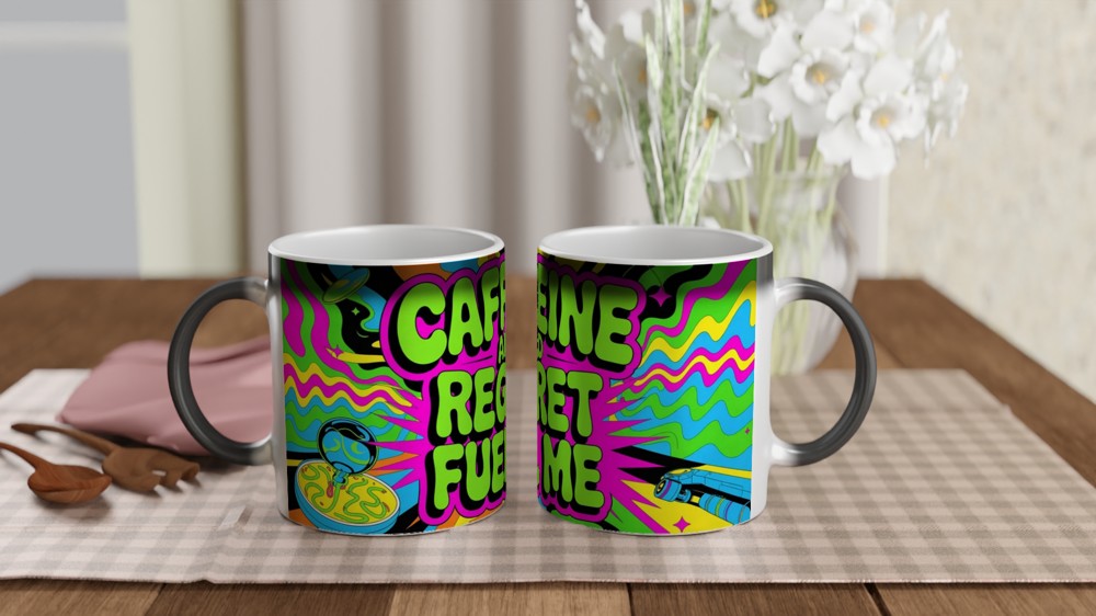 Caffeine And Regret Fuel Me Mug | Funny Sarcastic Coffee Mug | Psychedelic Neon Gift for Best Friend | Sarcasm Colleague Present — view 3