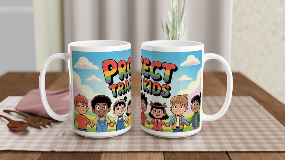 Protect Trans Kids Rainbow Text Cartoon Children Mug — view 2