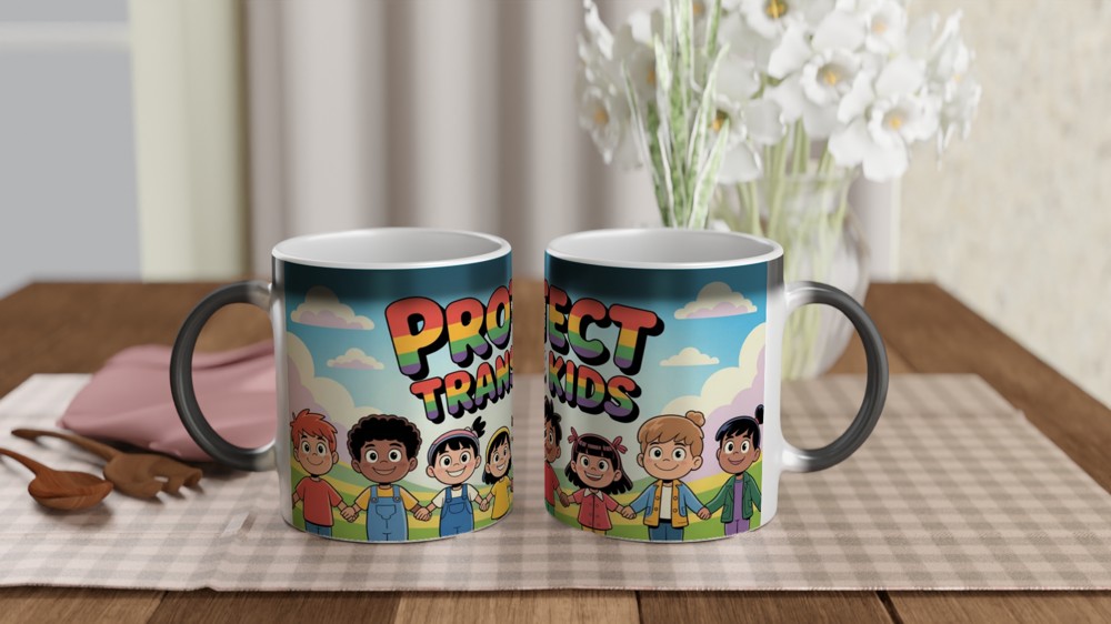Protect Trans Kids Rainbow Text Cartoon Children Mug — view 3