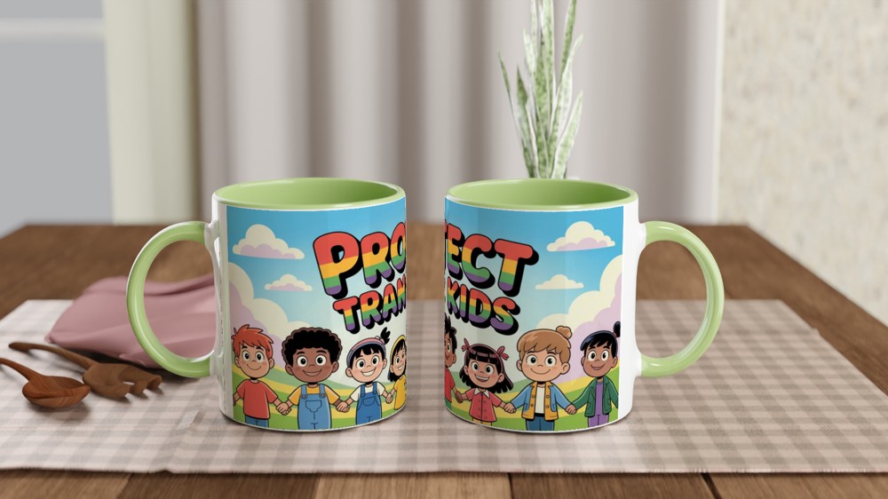 Protect Trans Kids Rainbow Text Cartoon Children Mug — view 5