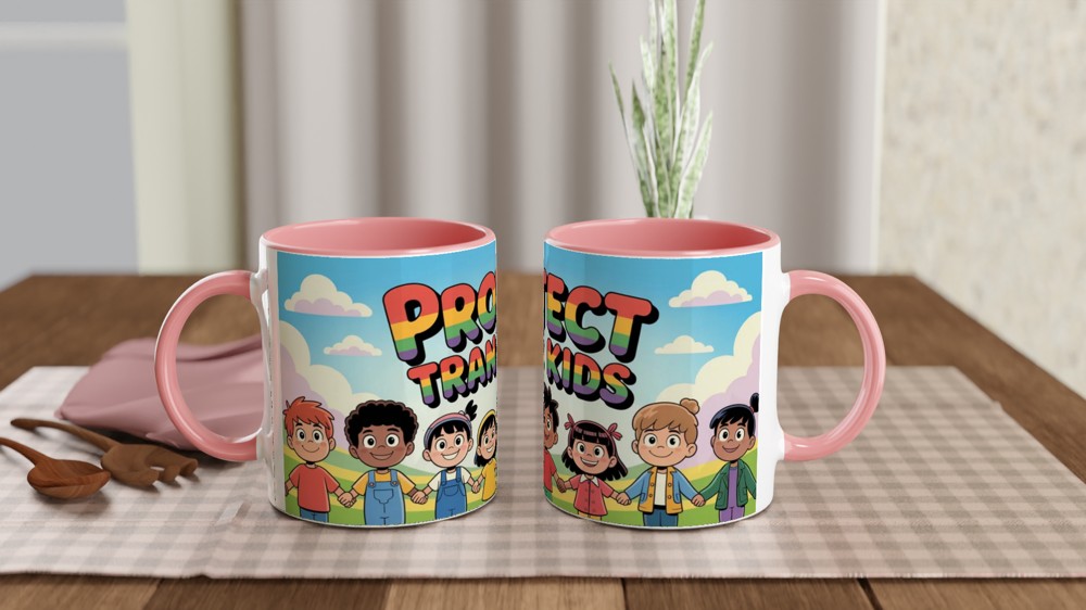 Protect Trans Kids Rainbow Text Cartoon Children Mug — view 6