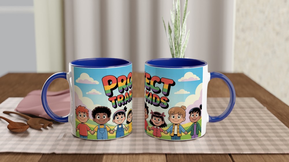 Protect Trans Kids Rainbow Text Cartoon Children Mug — view 4