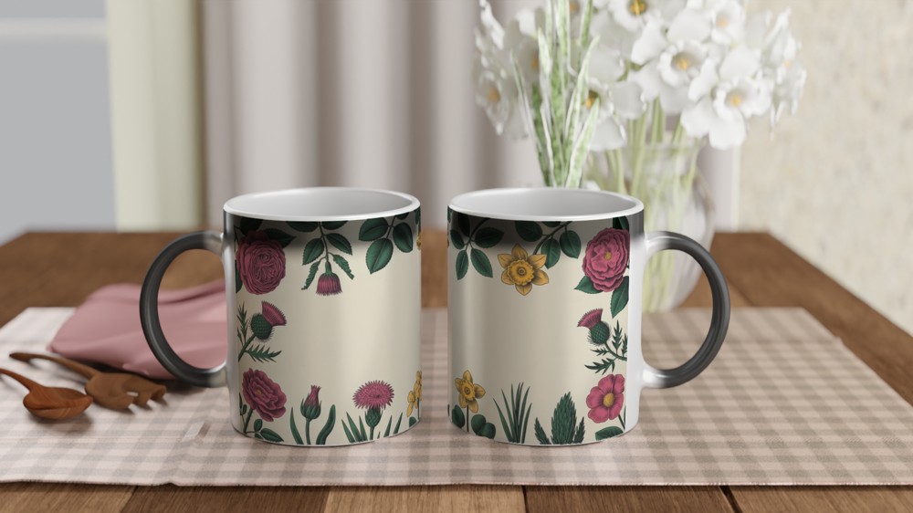 Vintage Botanical Floral Border Mug - Roses Thistles and Daffodils — view 3