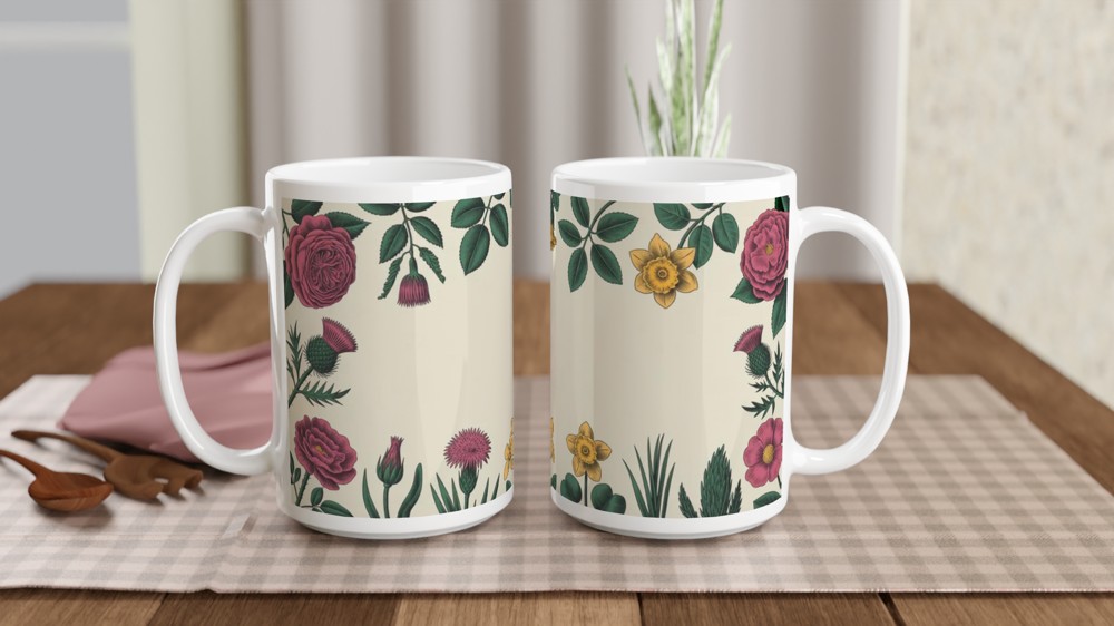 Vintage Botanical Floral Border Mug - Roses Thistles and Daffodils — view 2