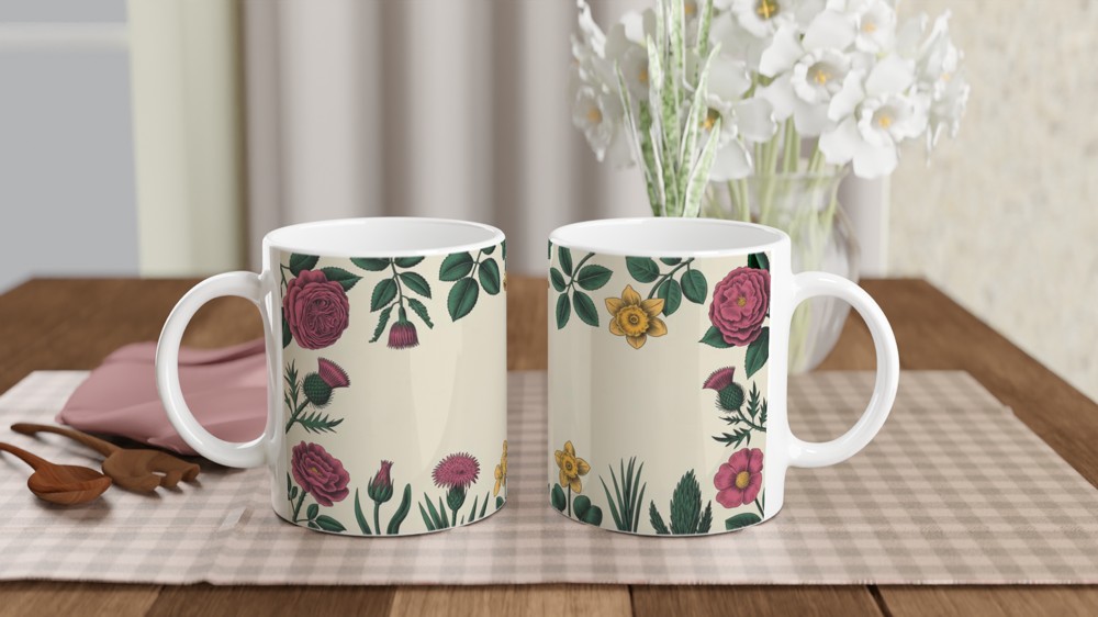 Vintage Botanical Floral Border Mug - Roses Thistles and Daffodils