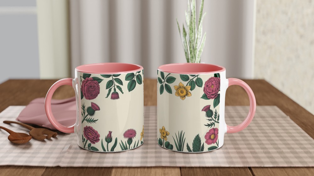 Vintage Botanical Floral Border Mug - Roses Thistles and Daffodils — view 6