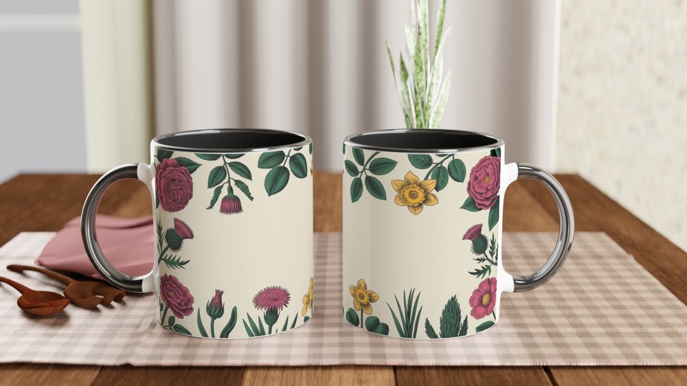 Vintage Botanical Floral Border Mug - Roses Thistles and Daffodils — view 9