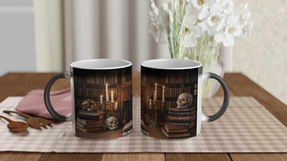 Dark Academia Mug | Go Away I'm Reading Book Lover Gift | Gothic Skull and Books Coffee Cup | Birthday Present for Readers — view 3