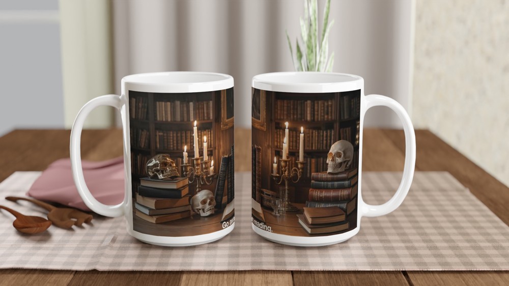 Dark Academia Mug | Go Away I'm Reading Book Lover Gift | Gothic Skull and Books Coffee Cup | Birthday Present for Readers — view 2