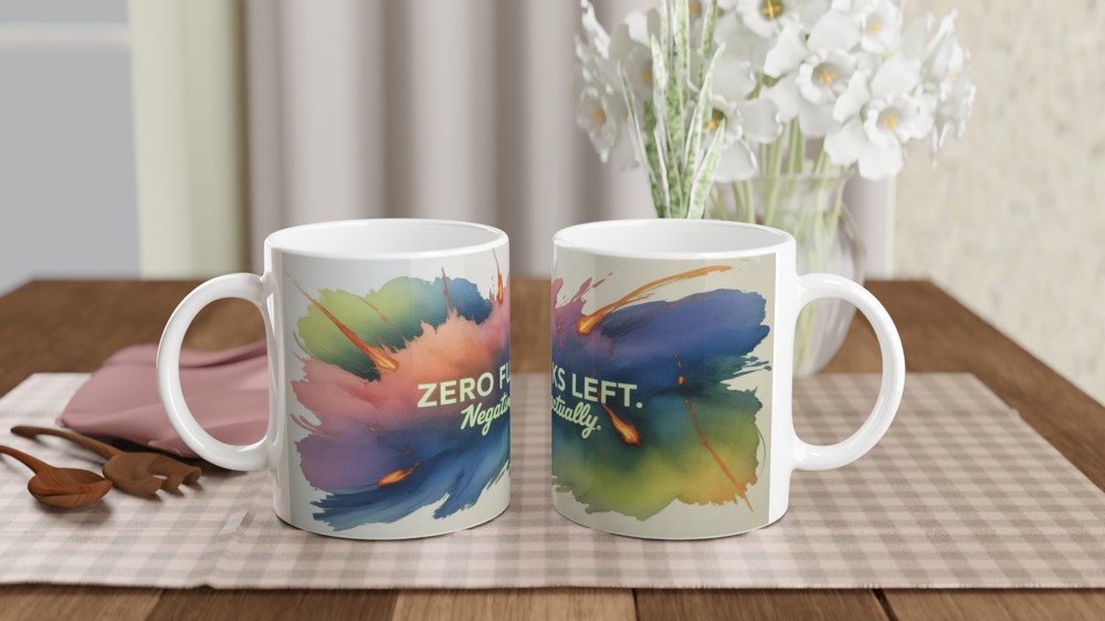 Zero Fucks Left Negative Actually - Funny Watercolour Mug