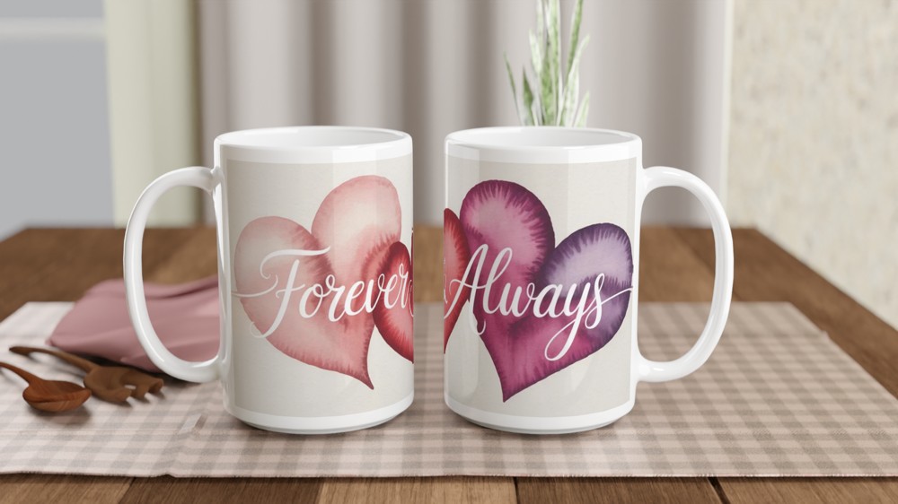 Forever & Always Mug | Watercolour Hearts Love Gift | Romantic Anniversary Present | Valentines Mug for Husband Wife or Couple — view 2