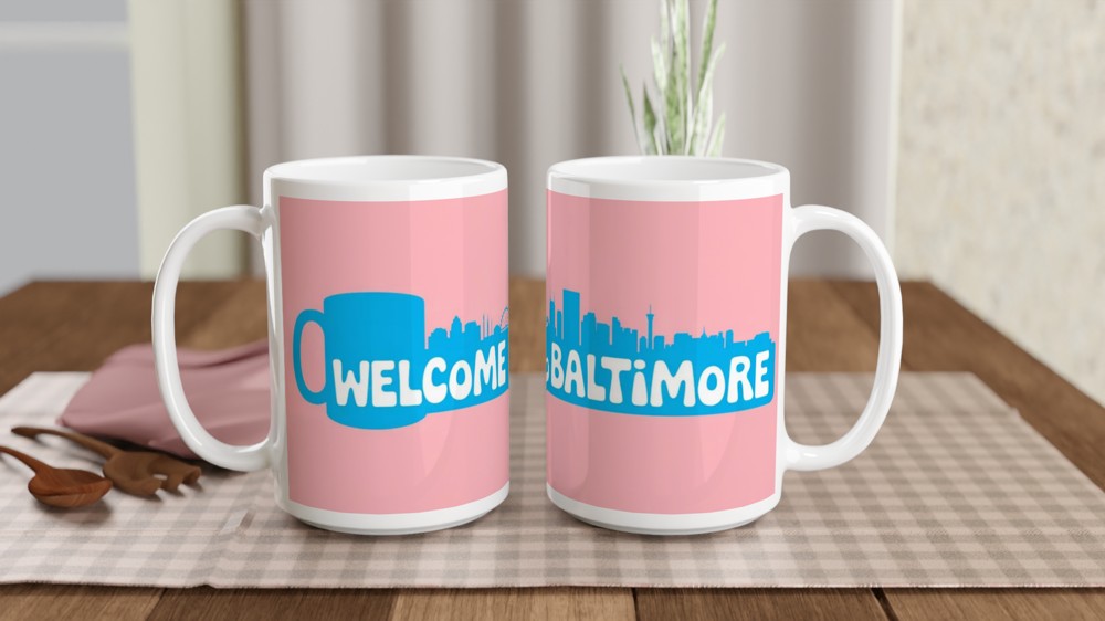 Hairspray Mug | 'Welcome To Baltimore' Quote | Musical Theatre Gift | Retro 1960s Skyline Present — view 2