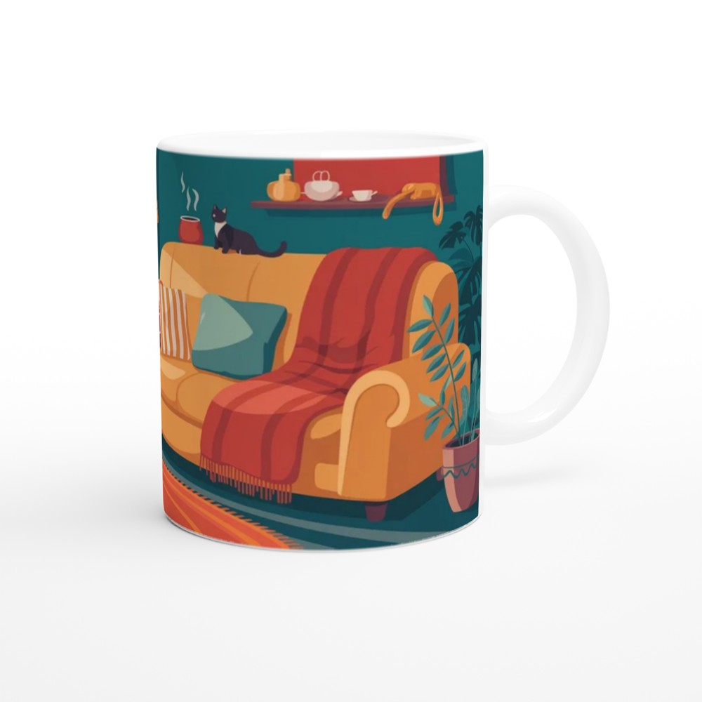 Cosy Living Room Cat and Coffee Illustration Mug — view 12