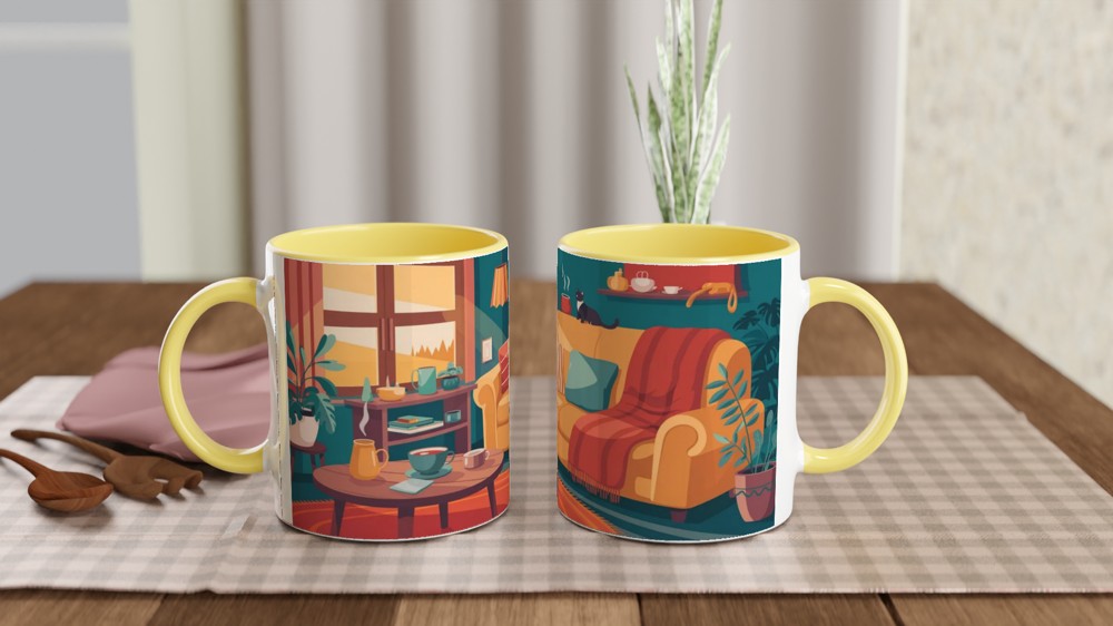 Cosy Living Room Cat and Coffee Illustration Mug — view 8