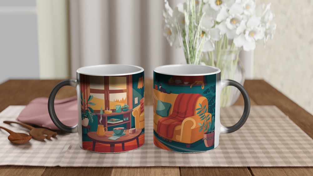Cosy Living Room Cat and Coffee Illustration Mug — view 3