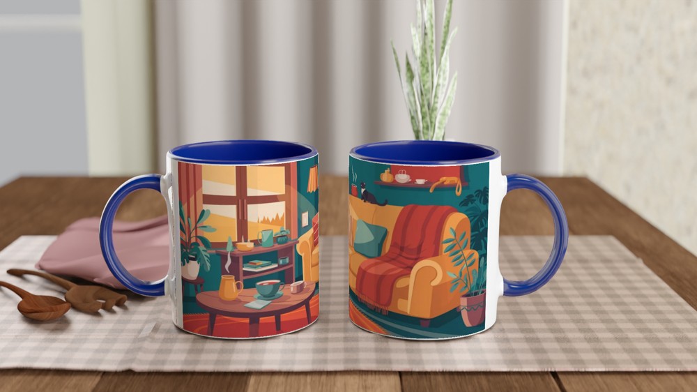 Cosy Living Room Cat and Coffee Illustration Mug — view 4