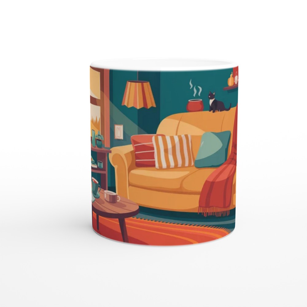 Cosy Living Room Cat and Coffee Illustration Mug — view 11