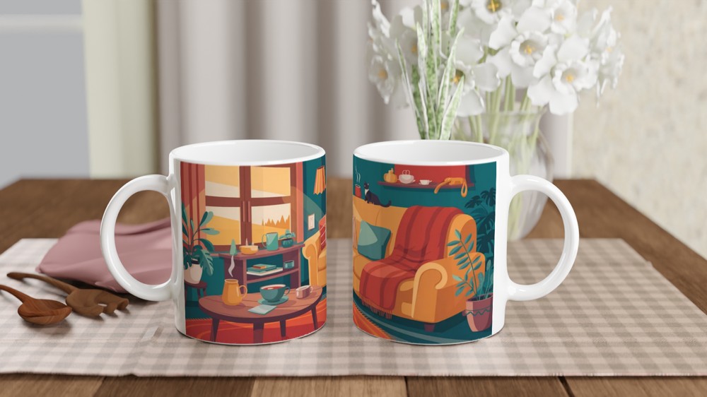 Cosy Living Room Cat and Coffee Illustration Mug