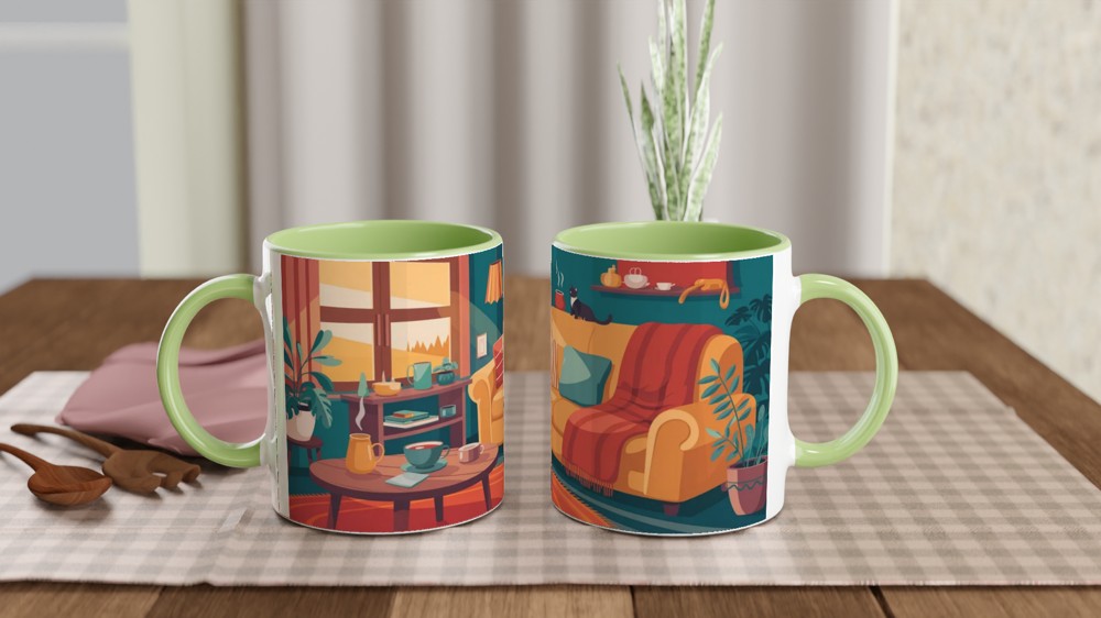 Cosy Living Room Cat and Coffee Illustration Mug — view 5