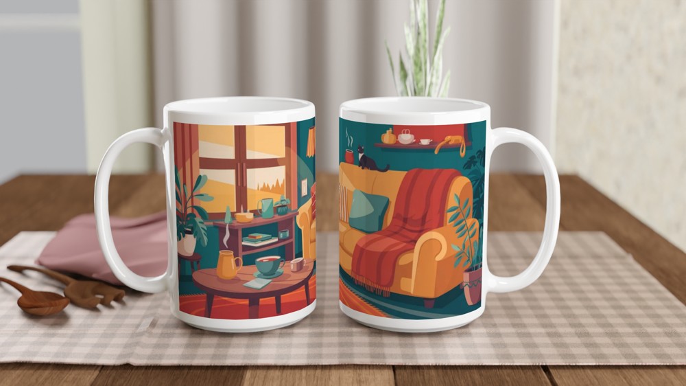 Cosy Living Room Cat and Coffee Illustration Mug — view 2