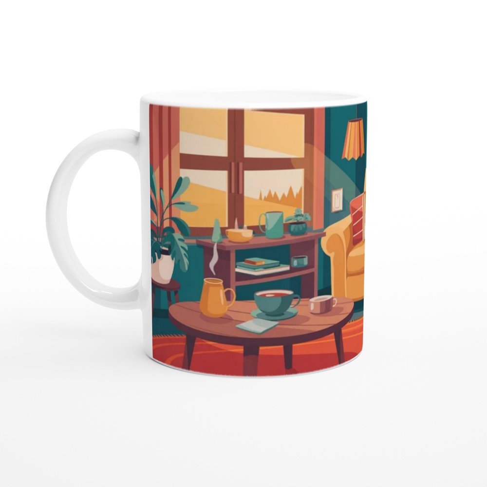 Cosy Living Room Cat and Coffee Illustration Mug — view 10
