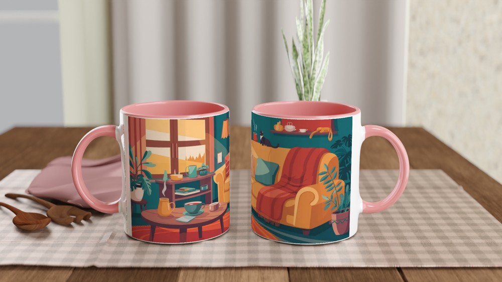 Cosy Living Room Cat and Coffee Illustration Mug — view 6