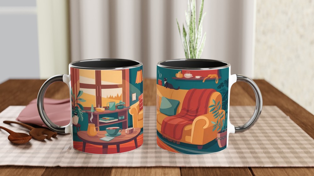 Cosy Living Room Cat and Coffee Illustration Mug — view 9
