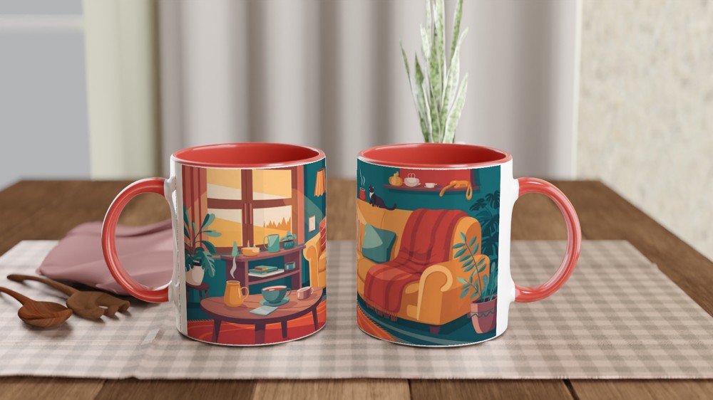 Cosy Living Room Cat and Coffee Illustration Mug — view 7