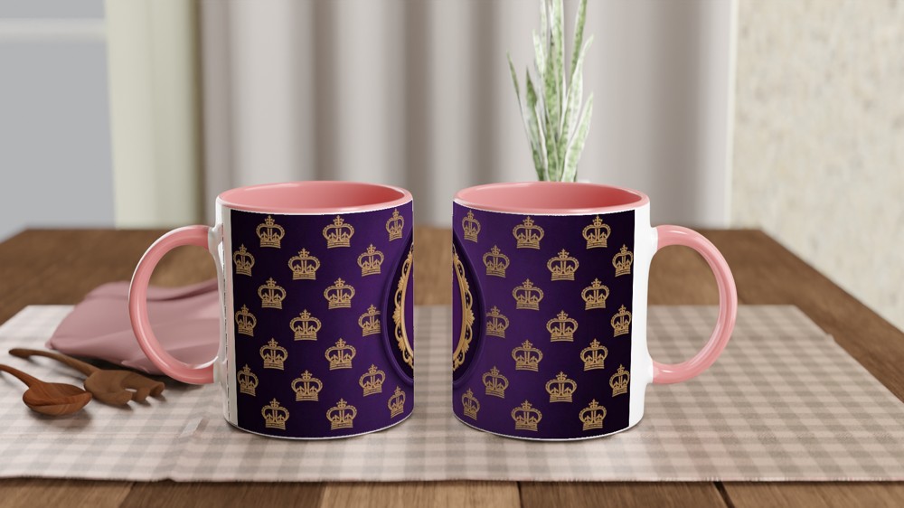 Royal Purple and Gold Crown Pattern Mug with Ornate Frame — view 6