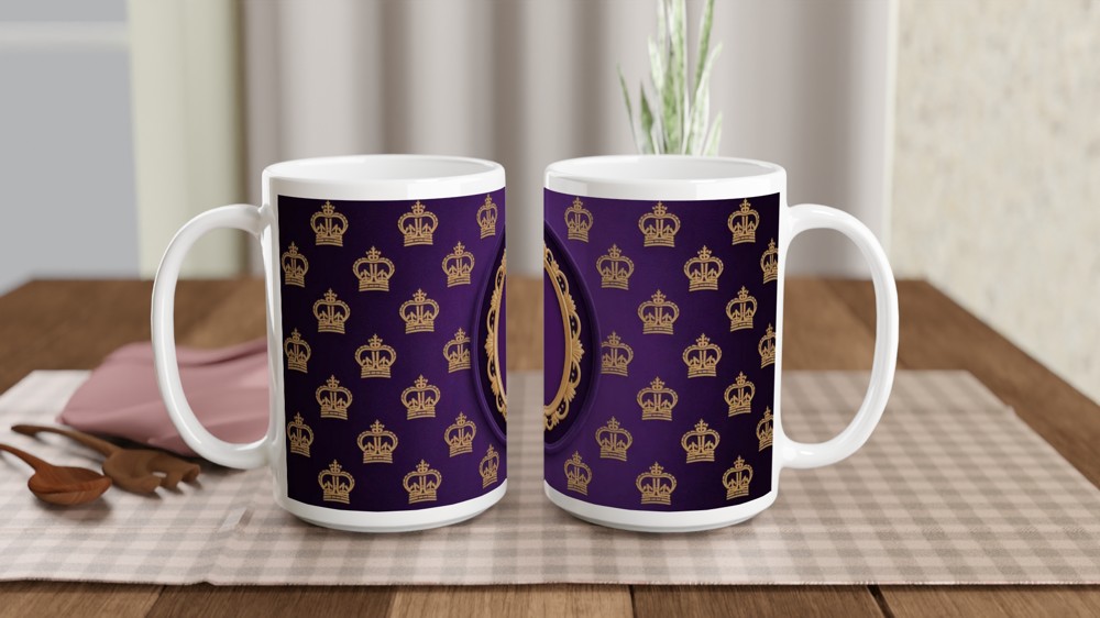 Royal Purple and Gold Crown Pattern Mug with Ornate Frame — view 2